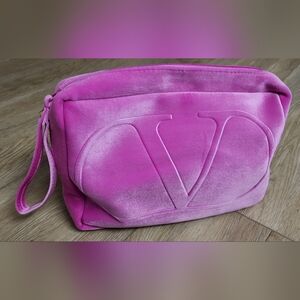 Valentino Fuchsia Pink Velvet Cosmetic Big Makeup Pouch Wristlet Bag New